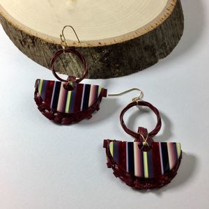 Burgundy Wicker Drop Moon Stripe Resin Earrings